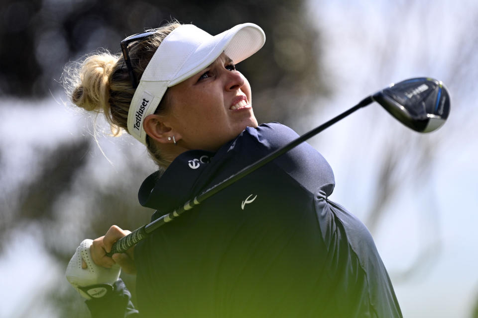 Nanna Koerstz Madsen, of Denmark, hits her tee shot on the first hole during the third round of the JTBC LPGA golf tournament, Saturday, March 26, 2022, in Carlsbad, Calif. (AP Photo/Denis Poroy)