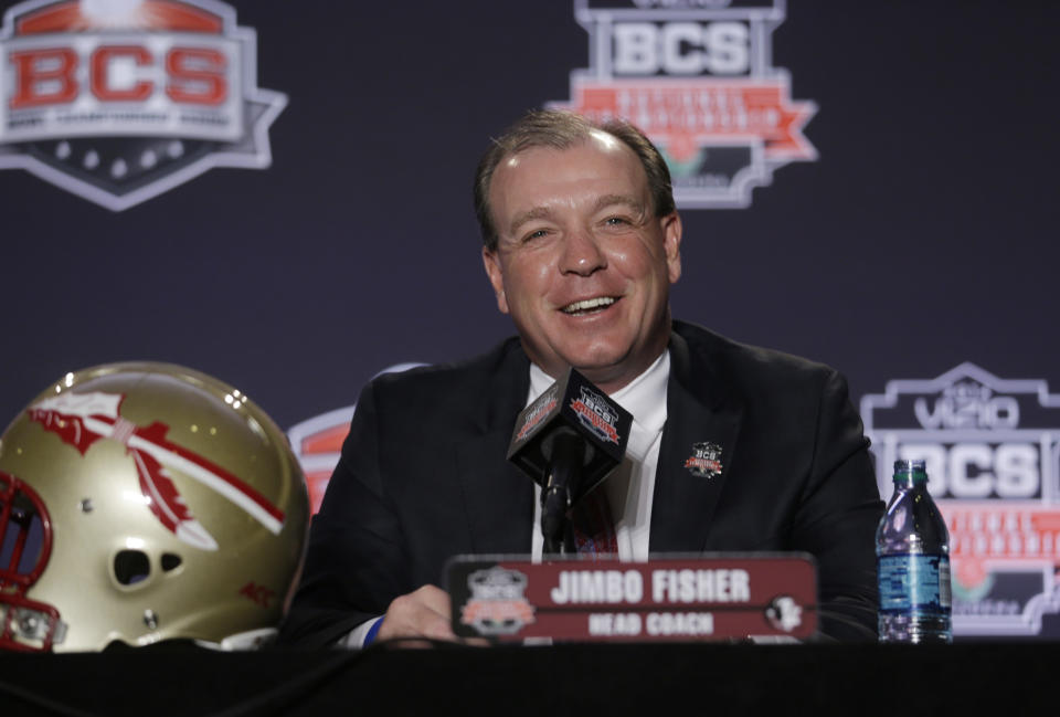 Florida State head coach Jimbo Fisher answers a question during a news conference for the NCAA BCS National Championship college football game Sunday, Jan. 5, 2014, in Newport Beach, Calif. Florida State plays Auburn on Monday, Jan. 6, 2014. (AP Photo/Morry Gash)