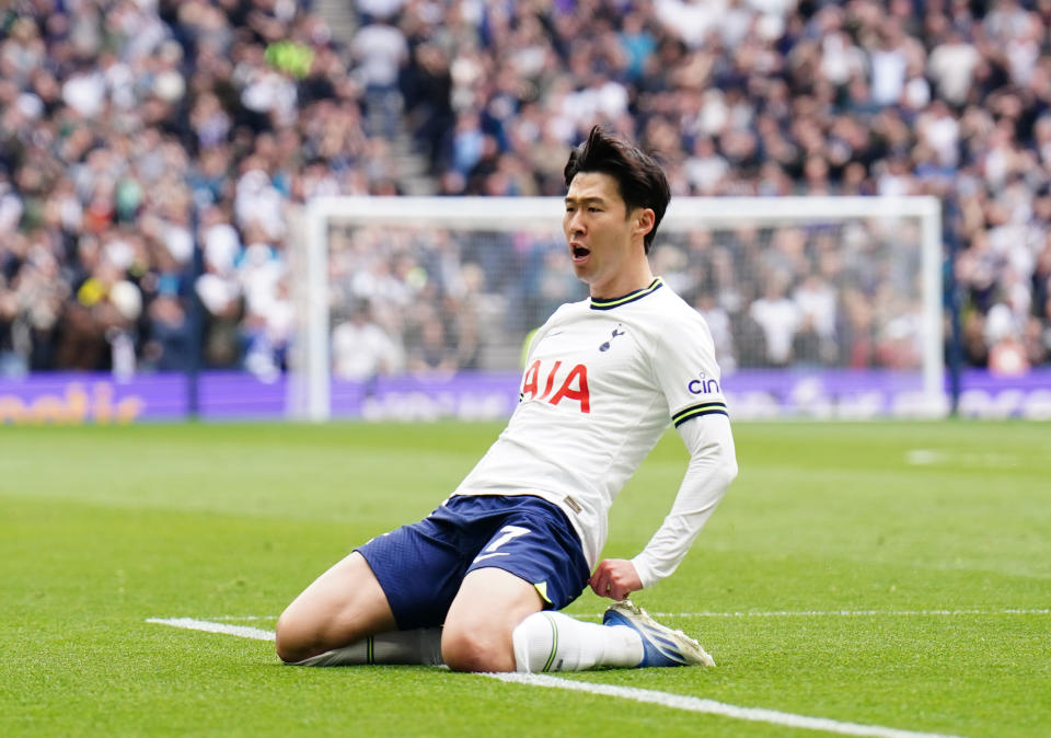 Tottenham Hotspur's Son Heung-min celebrates scoring their side's first goal of the game with team-mates during the Premier League match at the Tottenham Hotspur Stadium, London. Picture date: Saturday April 8, 2023. (Photo by Zac Goodwin/PA Images via Getty Images)