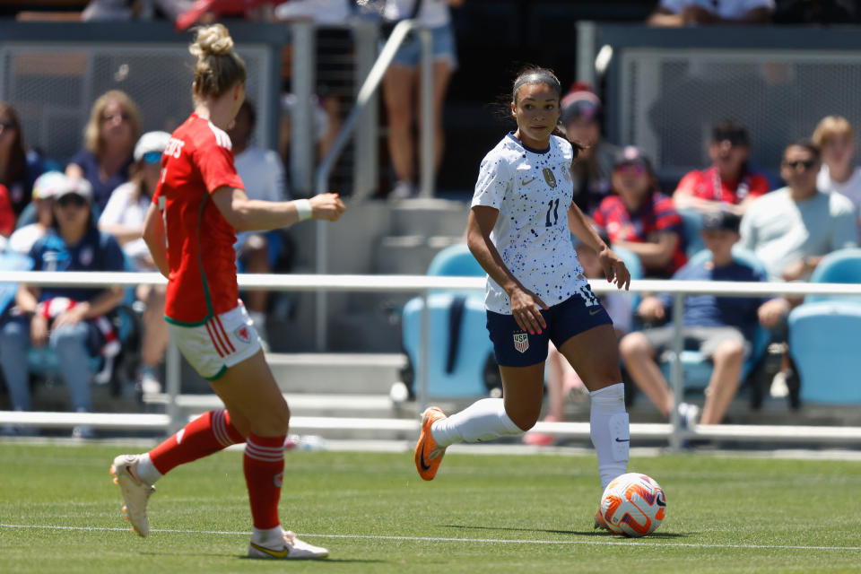 Sophia Smith looks to pass the ball during the second half of an international friendly against Wales.<span class="copyright">Lachlan Cunningham—USSF/Getty Images</span>