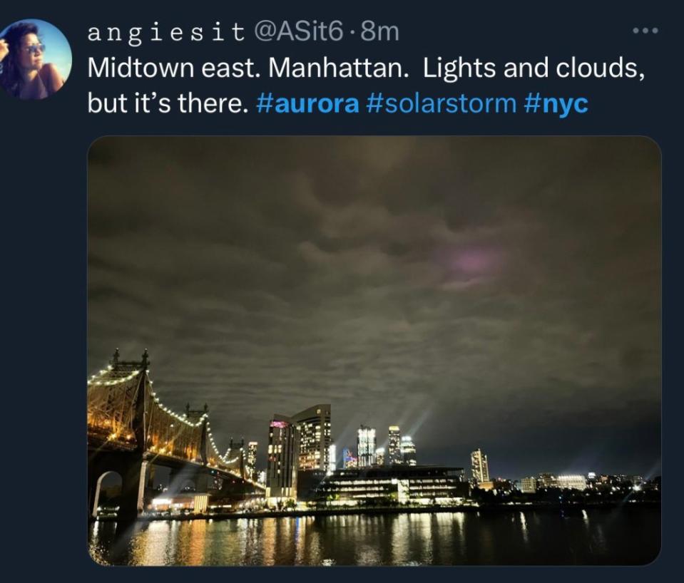 Some on X posted photos from NYC they swear were the Northern Lights; others weren’t so sure and say they are reflections off bridges. X/@BeccaHope24