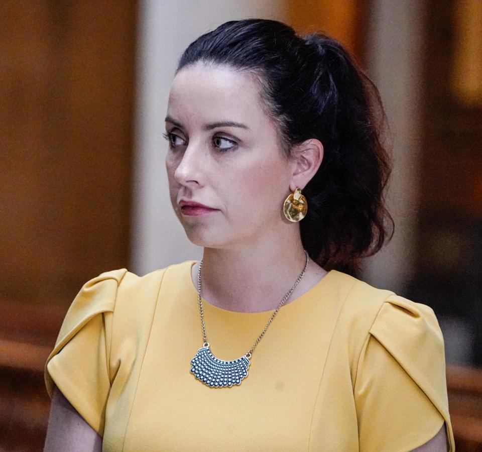 Indiana Democrats hold a press conference addressing SB1, Indiana's near-total abortion ban on the 4th floor of the Indiana Statehouse on Tuesday, Aug. 9, 2022, in Indianapolis. Shown here, Destiny Wells (Candidate for Secretary of State). 