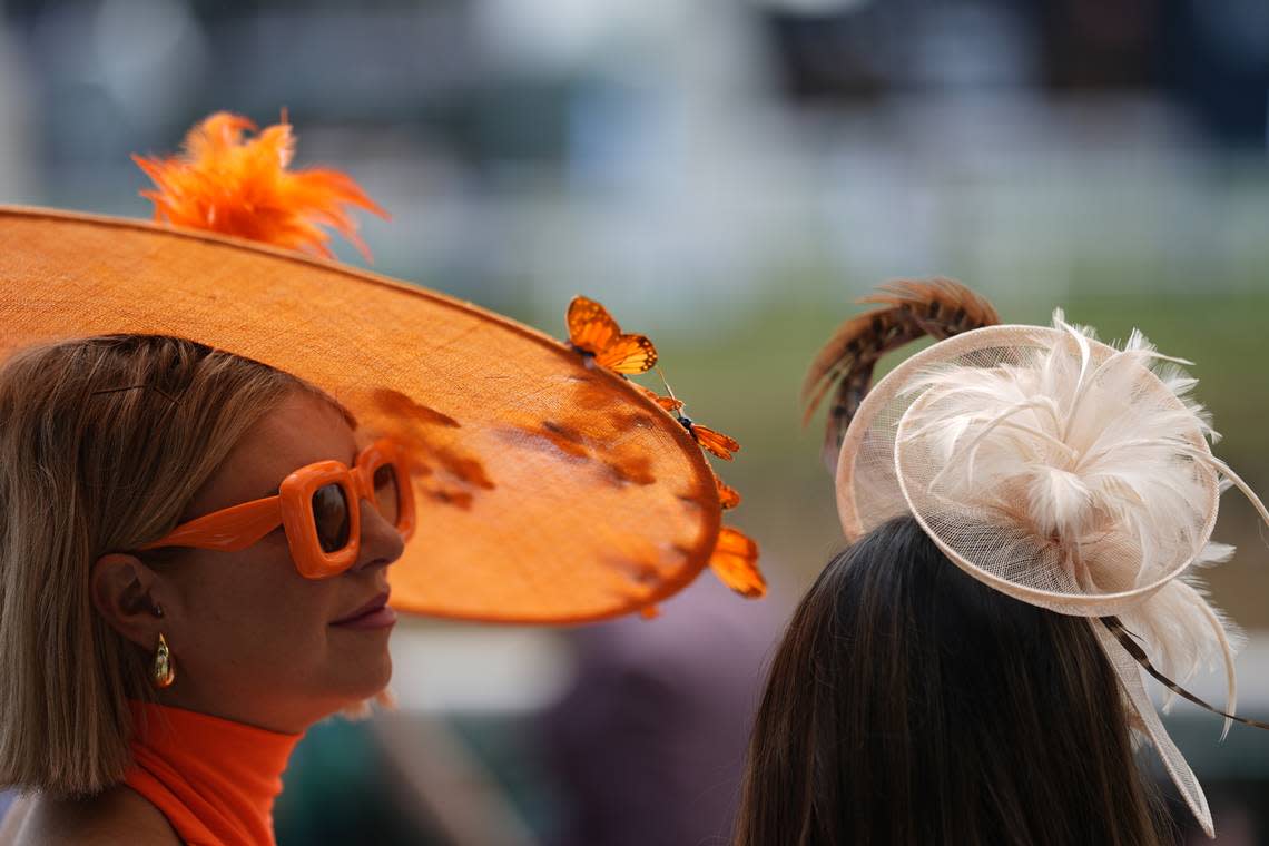 Bright hats were on display as fashion took center stage before the tunning of the 150th Kentucky Derby Saturday, May 4, 2024, at Churchill Dows in Louisville, Kentucky. Brian Woolston