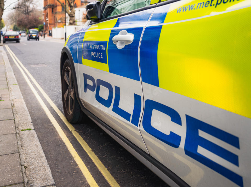 A close-up of the word Police, and the decals and Metropolitan Police design on the side of a police car on the street in London.