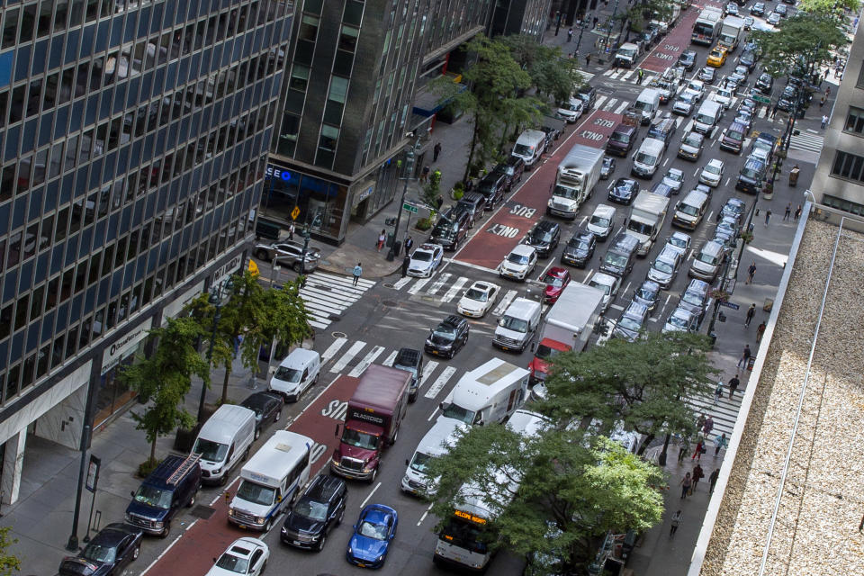 FILE - Heavy traffic fills Third Avenue, in New York's Manhattan borough near the United Nations, Sept. 20, 2021. Most drivers would pay $15 to enter Manhattan's central business district under a plan released by New York officials Thursday, Nov. 30, 2023. The congestion pricing plan, which neighboring New Jersey has filed a lawsuit over, will be the first such program in the United States if it receives final approval by transit officials. (AP Photo/Ted Shaffrey)
