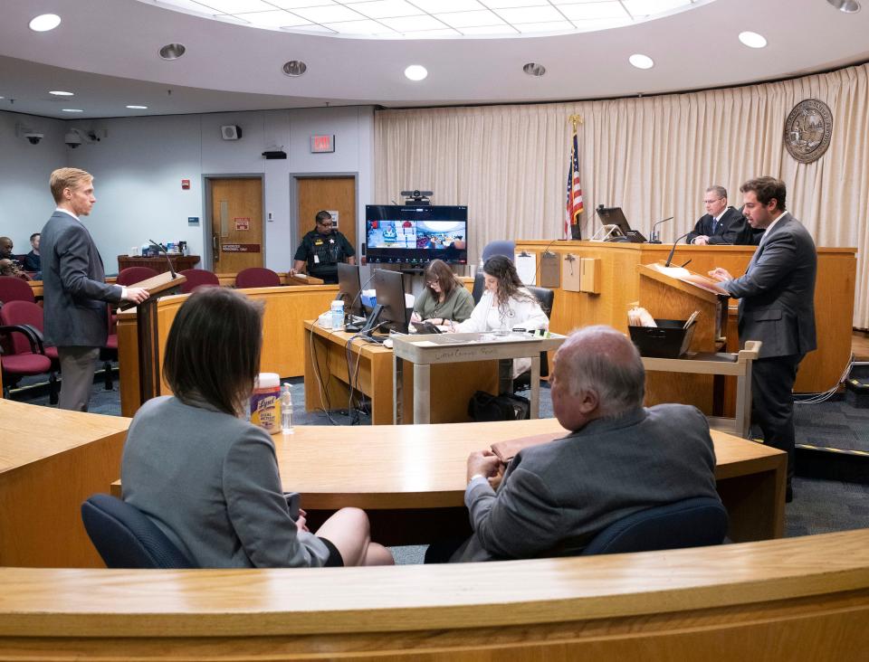 Escambia County Circuit Judge John Simon presides over video and in-person felony arraignment hearings on Friday, Feb. 24, 2023. The State Attorney's Office has amassed a backlog of court cases and is using technology to help clear the logjam.