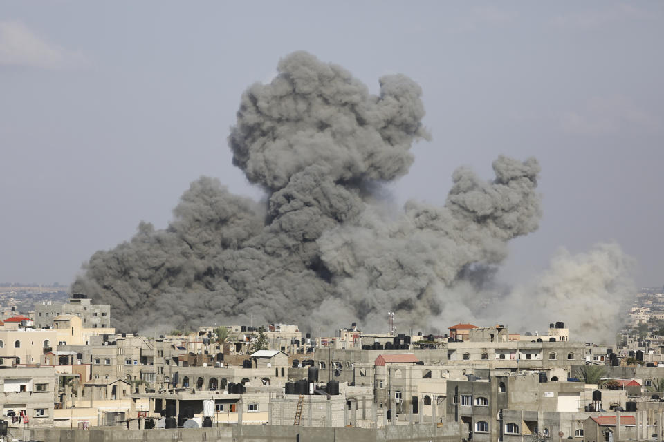 Smoke rises following Israeli airstrikes in Rafah, southern Gaza Strip on Thursday, Oct. 12, 2023. (AP Photo/Hatem Ali)