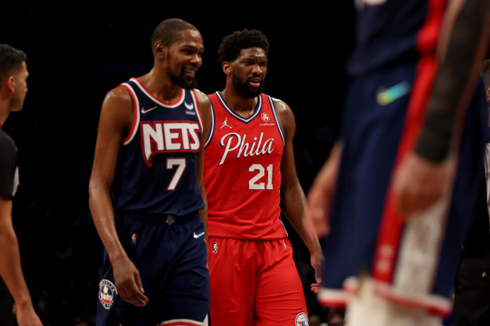 Joel Embiid of the Philadelphia 76ers and Kevin Durant of the Brooklyn Nets