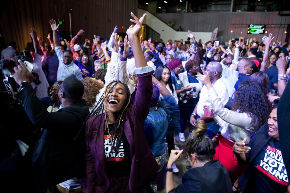 Renee Sekander and other Paul Young supporters dance after Young gave his victory speech after winning the mayoral election during a watch party at Minglewood Hall in Memphis, Tenn., on Thursday, October 5, 2023.