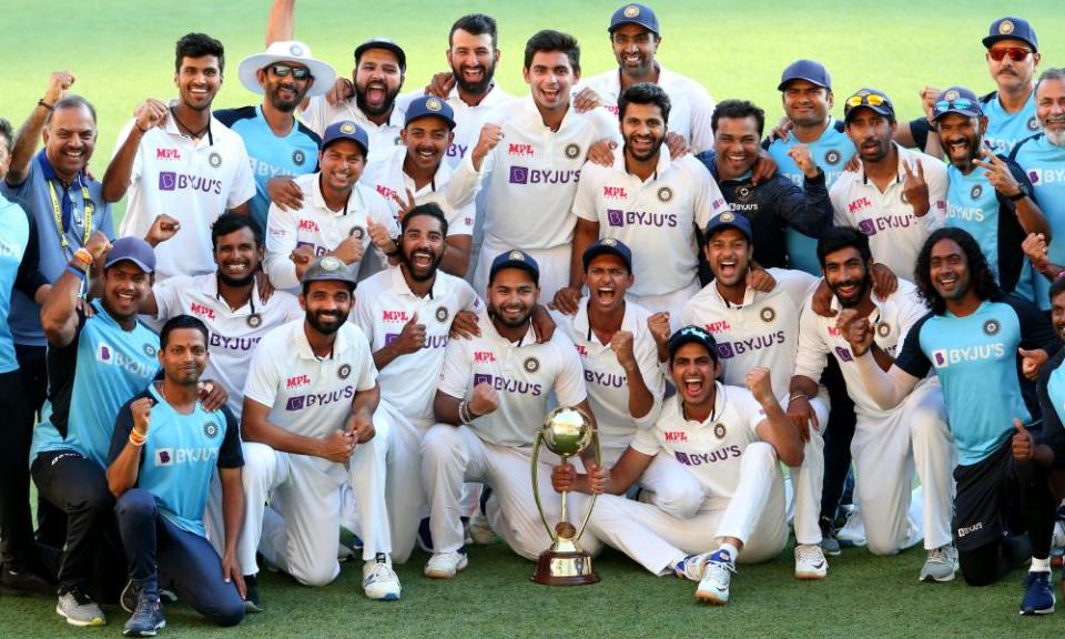 India celebrate their Test series win in Australia after victory at the Gabba in January