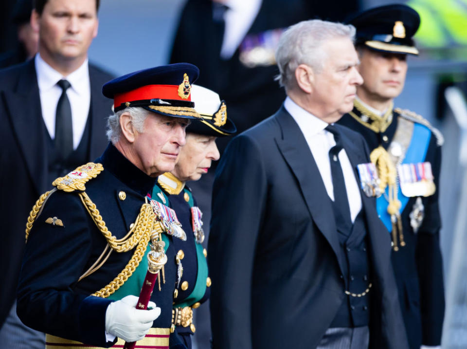 King Charles III, Princess Anne, Prince Andrew and Prince Edward arrive at St. Giles Cathedral in Edinburgh, Scotland, on Sept. 12, 2022.<span class="copyright">Samir Hussein—WireImage/Getty Images</span>