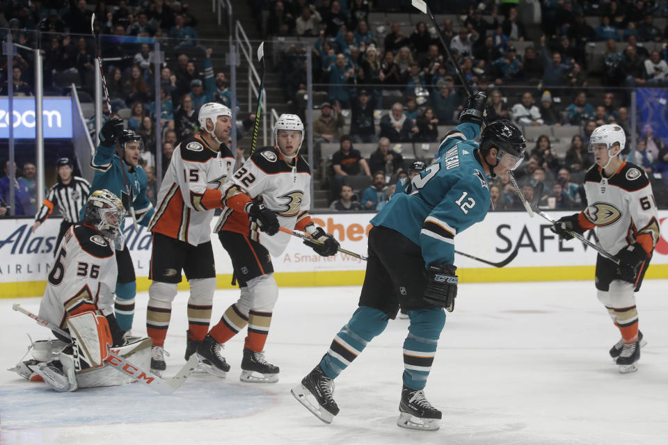 San Jose Sharks left wing Patrick Marleau (12) celebrates after scoring a goal against the Anaheim Ducks during the first period of an NHL hockey game in San Jose, Calif., Monday, Jan. 27, 2020. (AP Photo/Jeff Chiu)