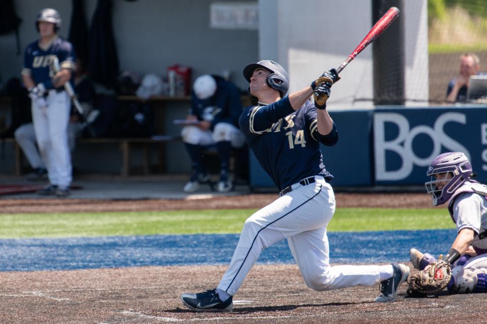 University of Illinois Springfield outfielder Austin Alderman hits against Truman State on Saturday, May 7, 2022.