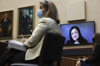 Rep. Pramila Jayapal, D-Wash., uses a video link to question witnesses during a House Committee on Education and Labor Subcommittee on Workforce Protections hearing examining the federal government's actions to protect workers from COVID-19, Thursday, May 28, 2020 on Capitol Hill in Washington. (Chip Somodevilla/Pool via AP)