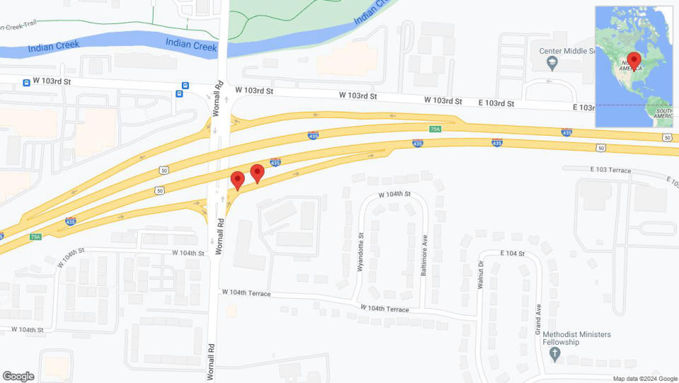 A detailed map that shows the affected road due to 'Broken down vehicle on West 104th Terrace in Kansas City' on July 18th at 4:55 p.m.