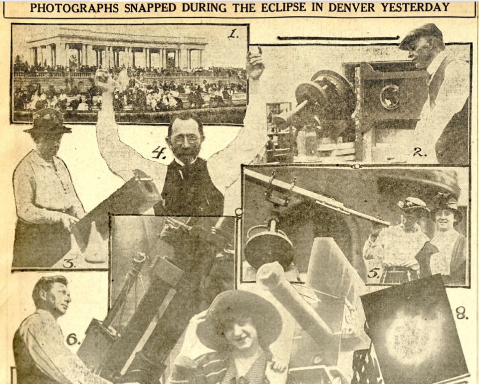 A collage of people in Denver watching the eclipse published in the Rocky Mountain News on June 9, 1918.