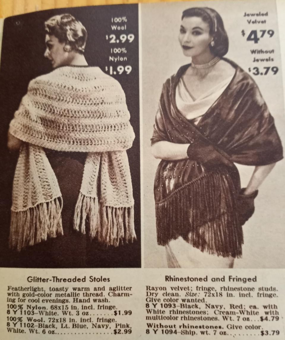 Shawls are displayed in an old catalog.