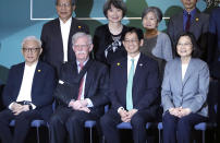 Taiwan President Tsai Ing-wen, from right, the President of Formosan Association for Public Affairs Chien Minze, former US national security advisor John Bolton and the founder of United Microelectronics Corporation (UMC) Robert Tsao pose at the 40th anniversary celebration of Formosan Association for Public Affairs in Taipei, Taiwan, Monday, May 1, 2023. (AP Photo/ Chiang Ying-ying)