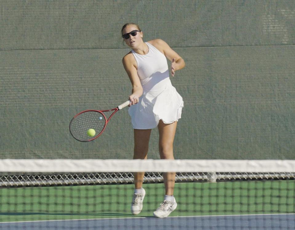 Watertown's Leyla Meester hits a shot during a second flight singles match during the opening day of the state Class AA high school girls tennis tournament on Thursday, Oct. 10, 2024 at Rapid City.