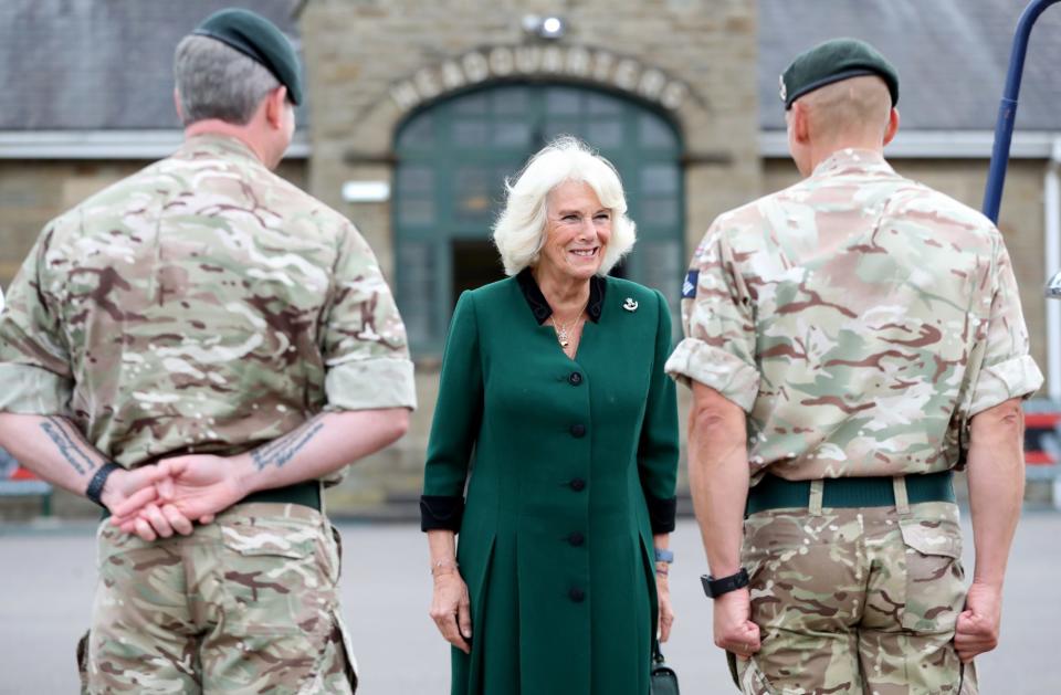 <p>After being appointed as Colonel-in-Chief, Camilla, Duchess of Cornwall visits the headquarters of the 1st Battalion, The Rifles, at Beachley Barracks on Monday in Chepstow, Wales. </p>
