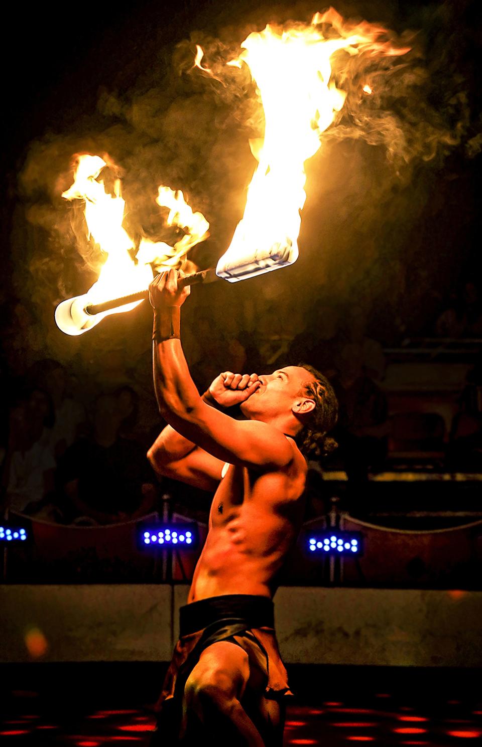 Fire dancer and twirler Matuni Vaiaoga Jr., will be joined by his young son in performances of “Cirque des Voix.”