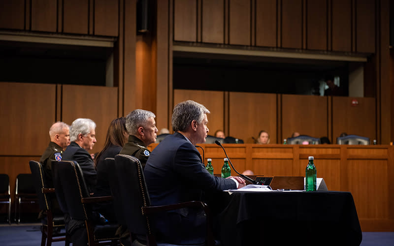FBI Director Christopher Wray, U.S. Cyber Command Director Gen. Paul Nakasone, Director of National Intelligence Avril Haines, CIA Director William Burns and Defense Intelligence Agency Lt. Gen. Scott Berrier are seen during a Senate Intelligence Committee hearing