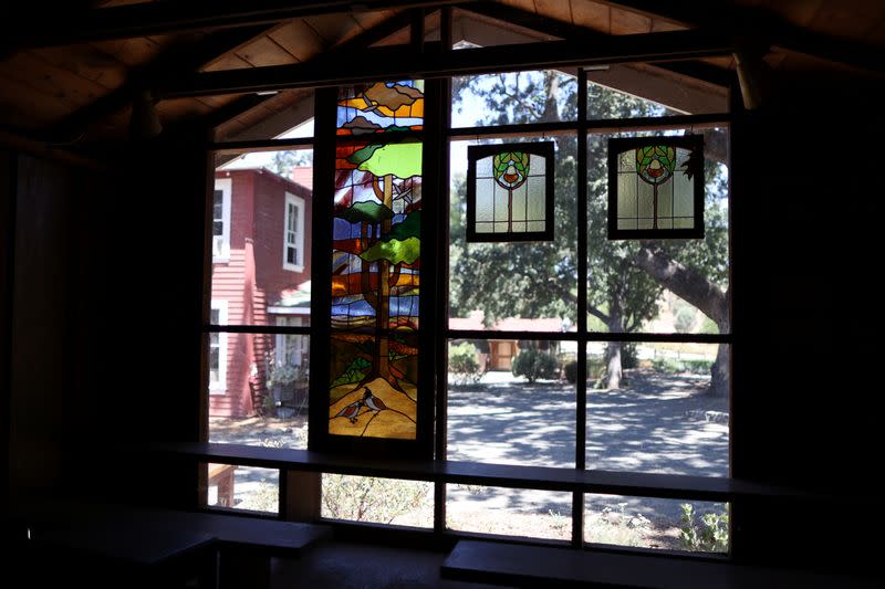 The school yard is seen through stained glass windows on the campus of Midland School, as the global outbreak of the coronavirus disease (COVID-19) continues, in Los Olivos