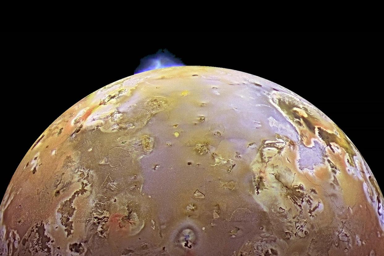 A blue-hued eruption occurring on Jupiter's third-largest moon.