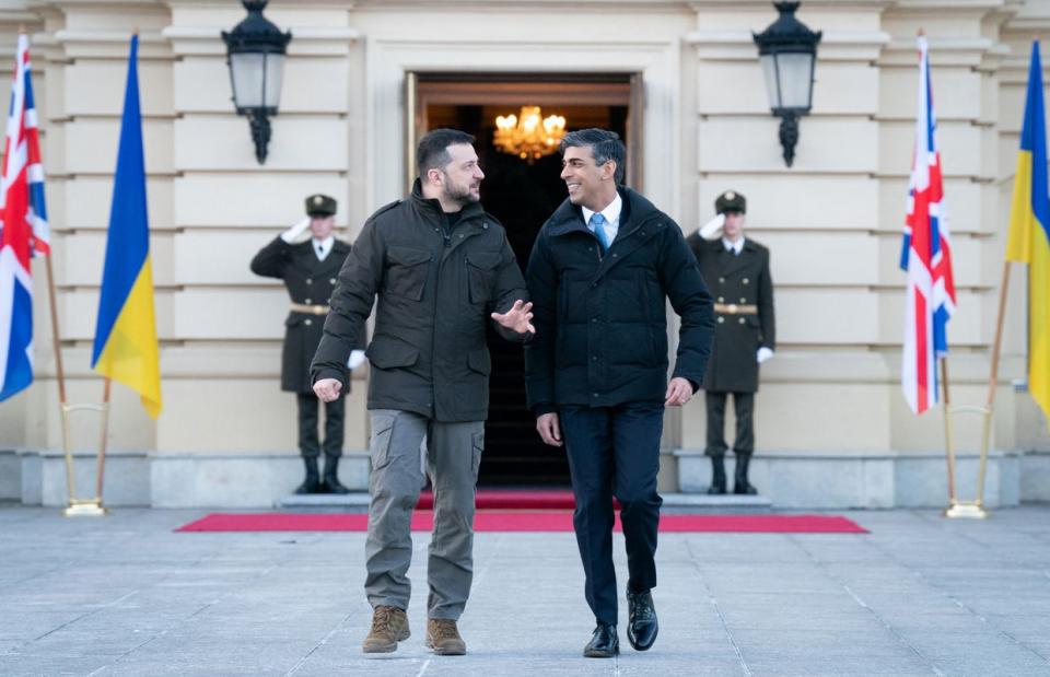 Ukrainian President Volodymyr Zelensky walks with Britain's Prime Minister Rishi Sunak (R) during a meeting at the Presidential Palace in Kyiv on Jan. 12, 2024. Sunak visited Kyiv to launch "a major new package of support" for Ukraine and increase military funding for this financial year to 2.5 billion pounds ($3.2 billion), his office said. (Stefan Rousseau/Pool/AFP via Getty Images)