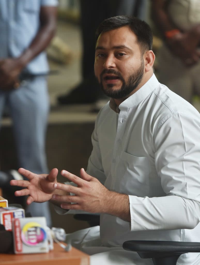 RJD leader Tejashwi Yadav addressing a press conference at the RJD party office in Patna, India, on June 15, 2020.<span class="copyright">Parwaz Khan/Hindustan Times/Getty Images</span>