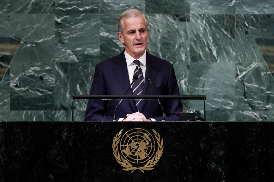 Norwegian Prime Minister Jonas Gahr Støre addresses the 77th session of the United Nations General Assembly, Thursday, Sept. 22, 2022, at the U.N. headquarters. (AP Photo/Julia Nikhinson)