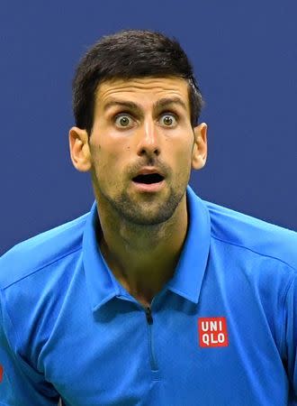 Sept 11, 2016; New York, NY, USA; Novak Djokovic of Serbia looks to his team while playing Stan Wawrinka of Switzerland in the men's singles final on day fourteen of the 2016 U.S. Open tennis tournament at USTA Billie Jean King National Tennis Center. Mandatory Credit: Robert Deutsch-USA TODAY Sports