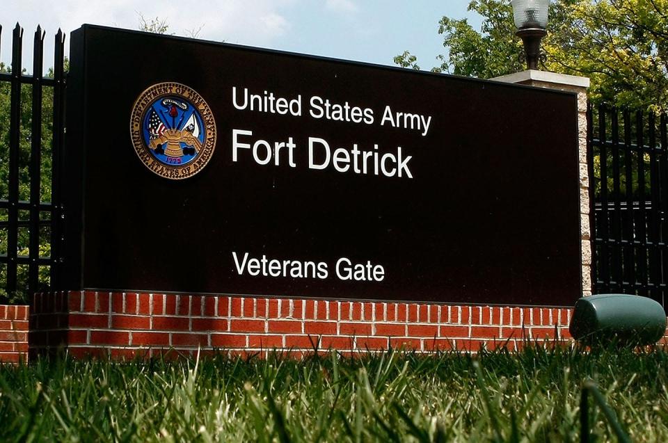 In this file photo, a sign at the Veterans Gate at Fort Detrick Army Medical Research Institute of Infectious Diseases is shown Aug. 1, 2008, in Frederick, Maryland.