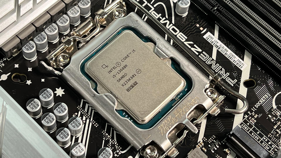 An Intel processor slotted into a motherboard