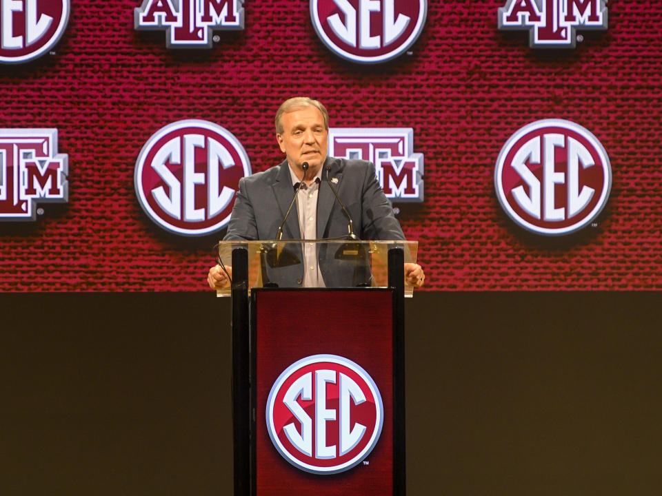 Jul 17, 2023; Nashville, TN; Texas A&M Aggies head coach Jimbo Fisher speaks with the media during SEC Media Days at Grand Hyatt. Steve Roberts-USA TODAY Sports