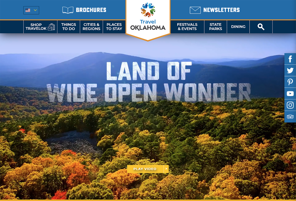 This screenshot shows the home page of TravelOK.com, the official website of the Oklahoma Department of Tourism and Recreation.