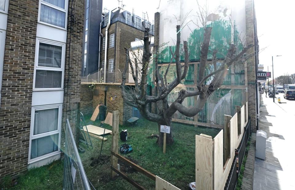 The boards have been erected around the Banksy in Finsbury Park (Aaron Chown/PA Wire)