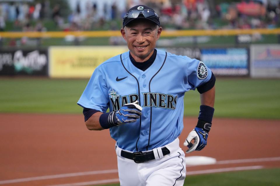 Seattle Mariners special assistant coach Ichiro Suzuki looks on before a game against the Chicago White Sox March 25, 2022, in Peoria, Arizona.