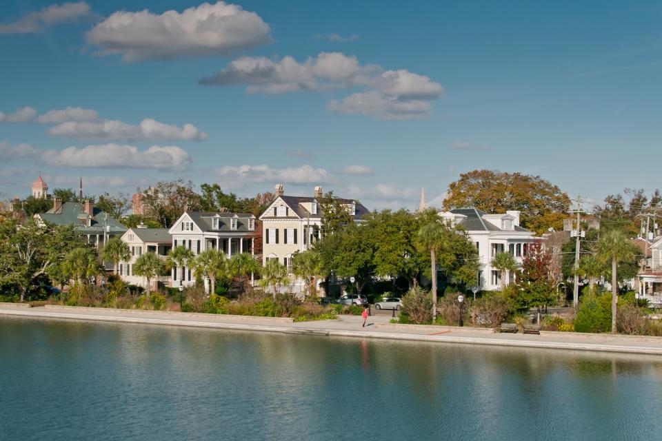 Drone Shot of Lakeside Houses in Harleston Village in Charleston, SC