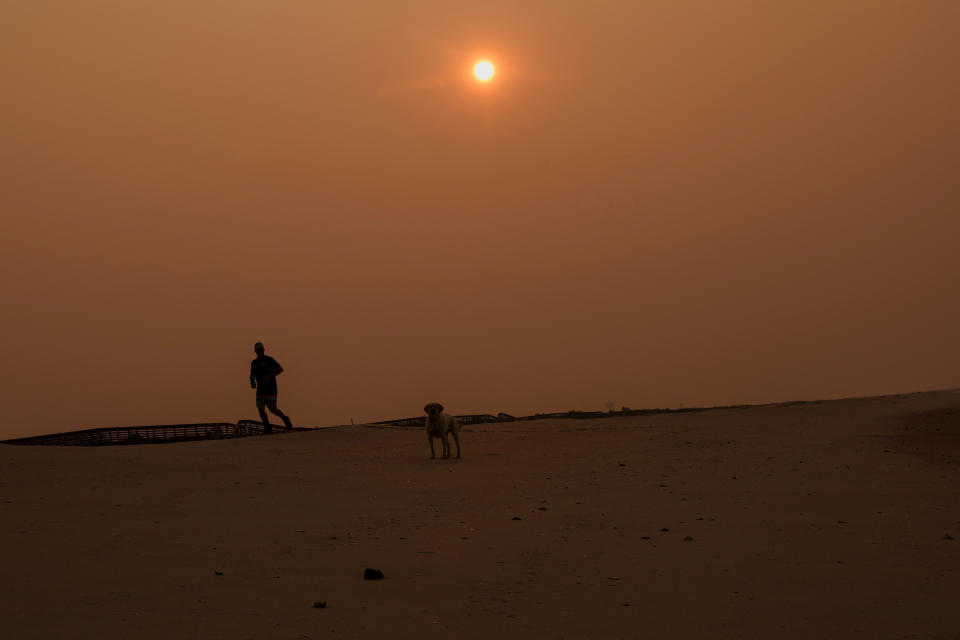 <p>Lenny Bullaro and his dog Sandy walk on the beach as haze and smoke from the Canadian wildfires shroud the sky at sunrise, in Lido beach, New York, U.S., June 8, 2023. REUTERS/Shannon Stapleton</p> 