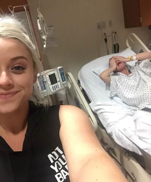 Kat Armendariz shared this selfie while her sister was in labour. Photo: Facebook