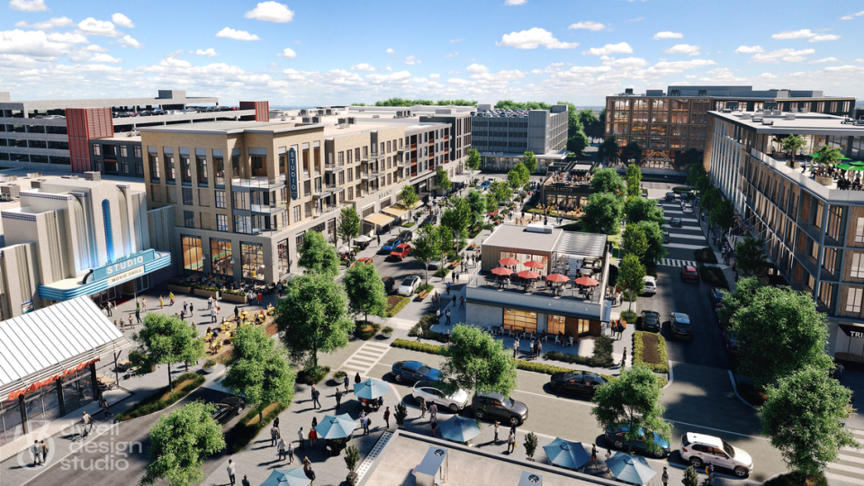 Trademark Property Company plans to redevelop Lincoln Square in Arlington, an aging 45-acre shopping center at Collins Street and Interstate 30, as a modern mixed-use “gateway to Arlington” called Anthem. It will have a “walkable and upscale mix of uses, including office, retail, hotel, entertainment and residential.” Dwell Design Studio