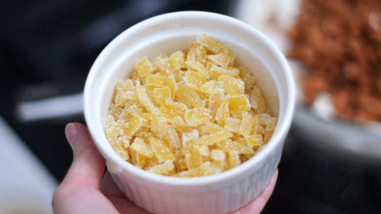 chopped candied ginger in bowl