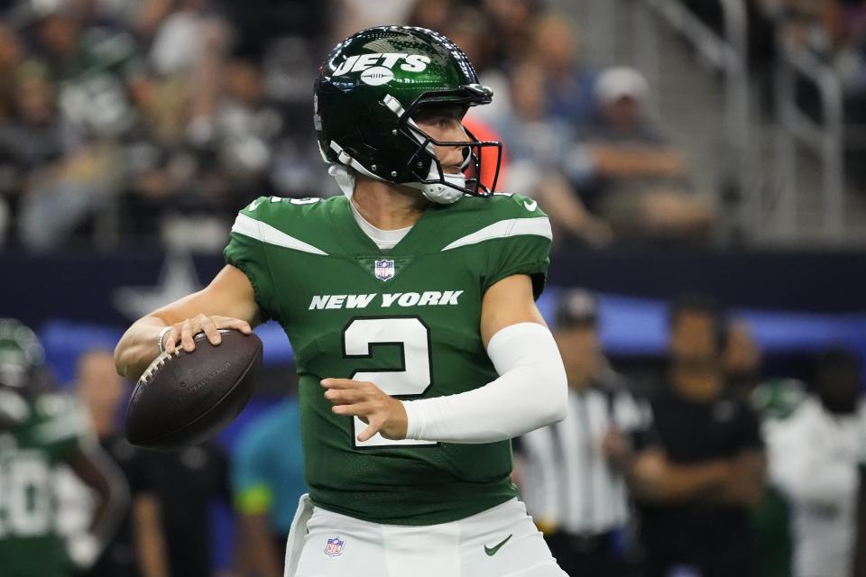 New York Jets quarterback Zach Wilson looks to pass during game against the Dallas Cowboys, Sunday, Sept. 17, 2023 in Arlington, Texas. | Sam Hodde, Associated Press