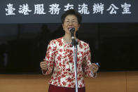 Katharine Chang, chairperson of Straits Exchange Foundation, speaks during an opening ceremony of the Taiwan Hong Kong Service Exchange Office, in Taipei, Taiwan, Wednesday, July 1, 2020. Taiwan officially opened the specialized office on Wednesday to support Hong Kong people seeking to move to Taiwan after China’s passage of a national security law for Hong Kong. (AP Photo/Chiang Ying-ying)