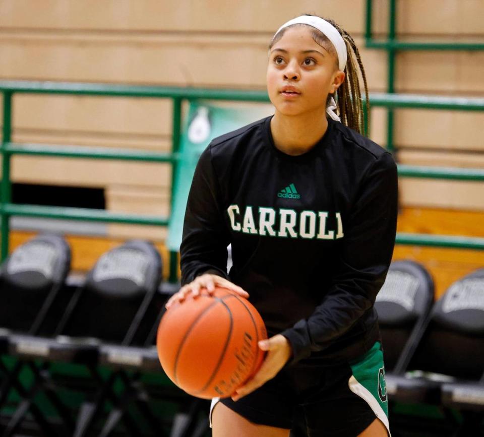 Gianna Jordan drops in a three pointer during basketball practice at Southlake Sr. High School in Southlake, Texas, Tuesday, Feb. 06, 2024.