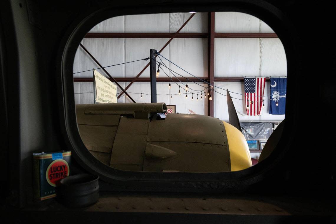 A restored B-25c at Owens Field Airport on Monday, August 7, 2023. Inside the plane are replicas of equipment and other items common for airmen in World War II.