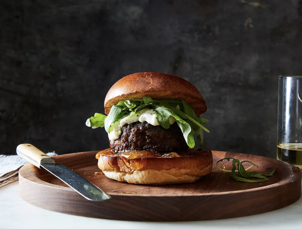 23)  Sweet & Savory Burger With Fig Jam, Goat Cheese & Arugula