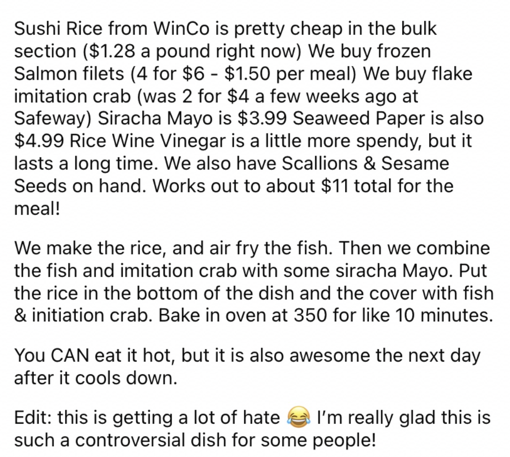 Reddit screenshot about how tasty and cheap a homemade sushi bake can be.
