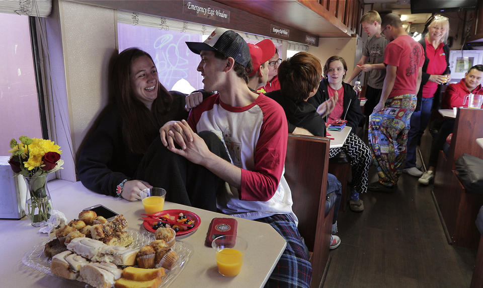 Performers having breakfast